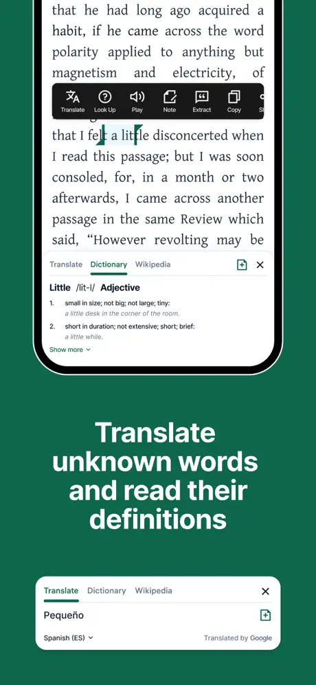 App screenshot showing the ability to translate text into any language and quickly get definitions of words